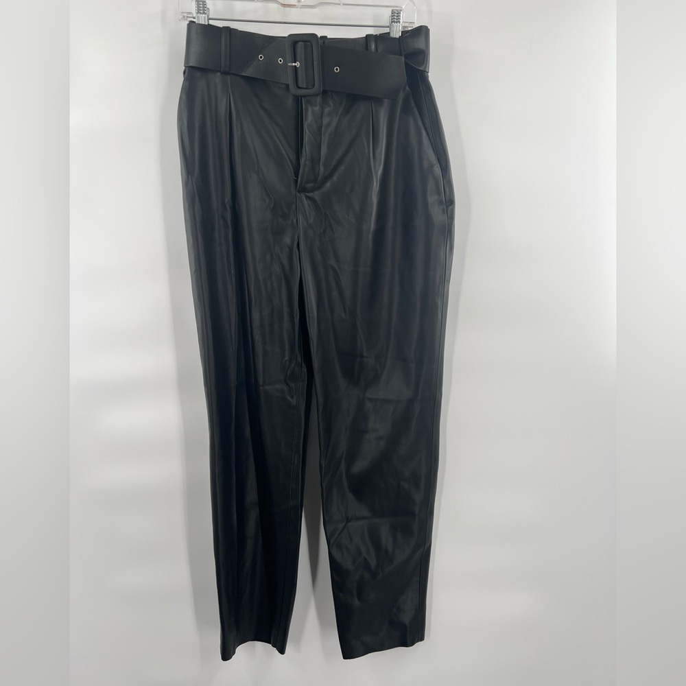 Zara black faux leather belted pants trousers size M